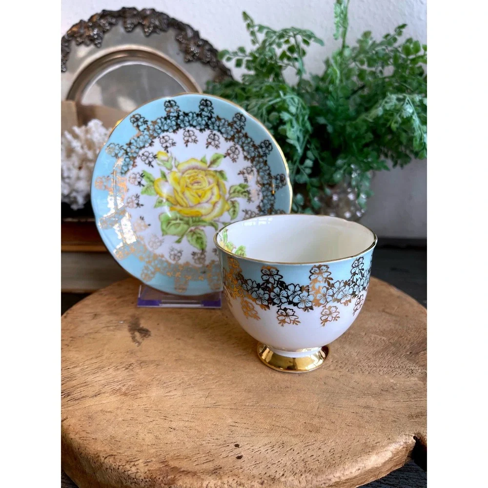 Vintage Stanley Bone China Teacup Saucer Yellow Rose Blue Gold England - Picture 5 of 10